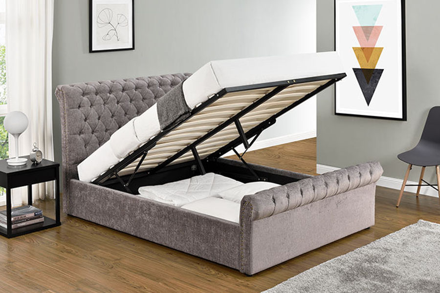 1208G Каркас кровати для хранения в санях из синели-бархата Chesterfield
